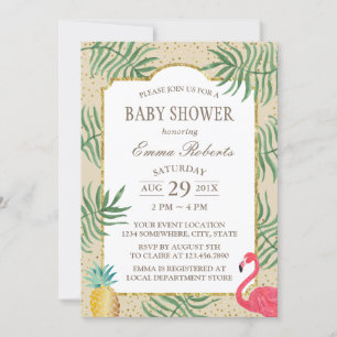 Tropical Pineapple & Flamingo Beach Baby Shower Invitation