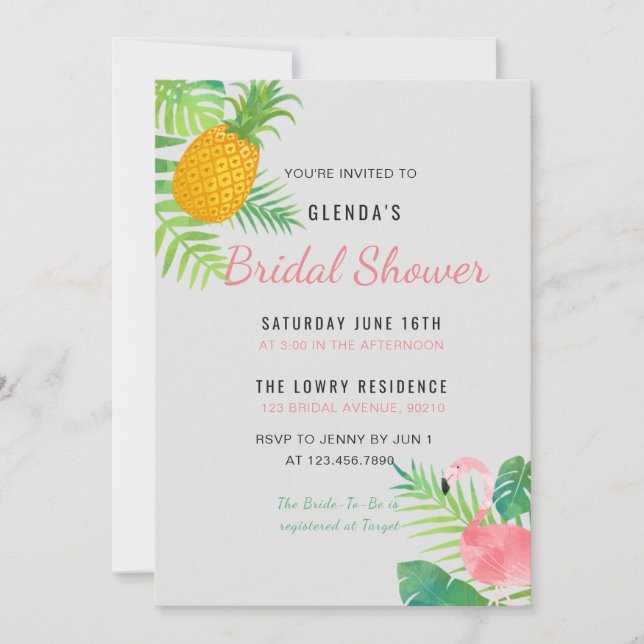 Tropical Pineapple Flamingo Bridal Shower invite (Front)