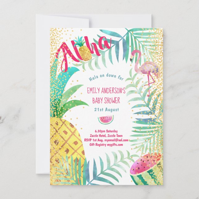 Tropical Pineapple Flamingo Pink Gold Aloha Invitation (Front)