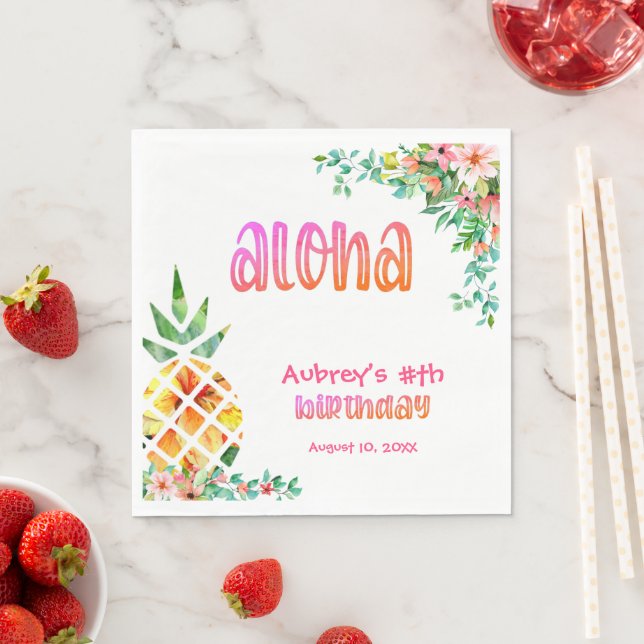 Tropical Pineapple Floral Aloha ANY AGE Birthday Napkin (Insitu)