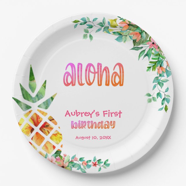 Tropical Pineapple Floral Aloha First Birthday Paper Plate (Front)