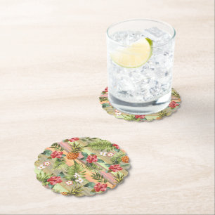 Tropical Pineapple Floral Botanical Leaves Pattern Paper Coaster