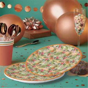 Tropical Pineapple Floral Botanical Leaves Pattern Paper Plate