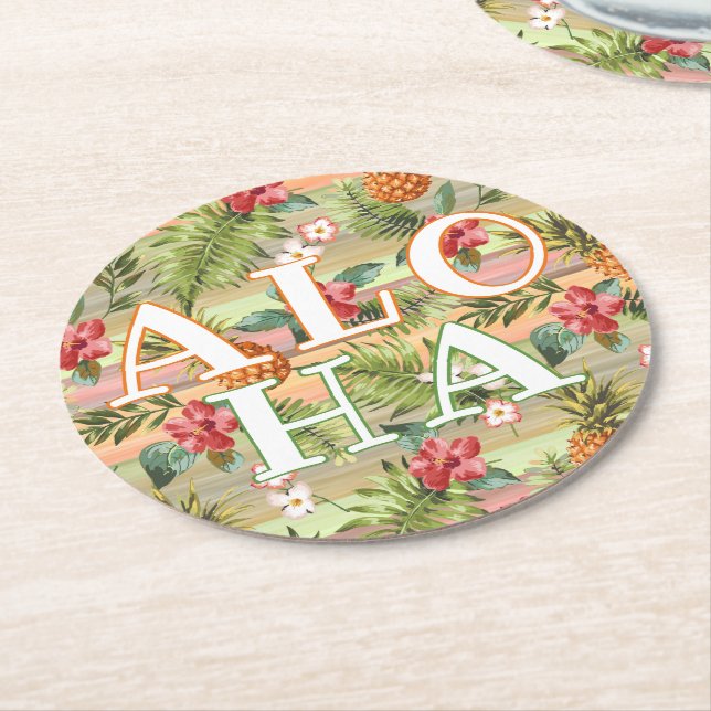 Tropical Pineapple Floral Botanical Leaves Pattern Round Paper Coaster (Angled)