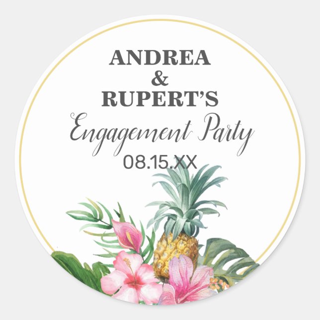Tropical Pineapple Floral Engagement Party  Classic Round Sticker (Front)
