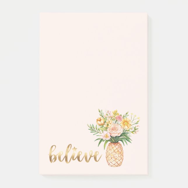 Tropical Pineapple Floral Gold Believe Quote Post-it Notes (Front)