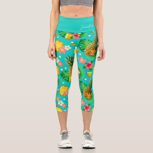 Tropical Pineapple Floral Personalised Name Capri Leggings