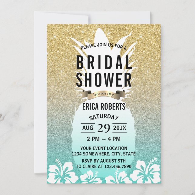 Tropical Pineapple Flower Gold Bridal Shower Invitation (Front)