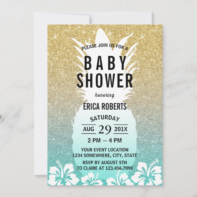 Tropical Pineapple Flower Gold Glitter Baby Shower Invitation (Front)
