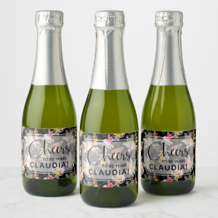 Tropical Pineapple Flowers on Black Mini Sparkling Wine Label