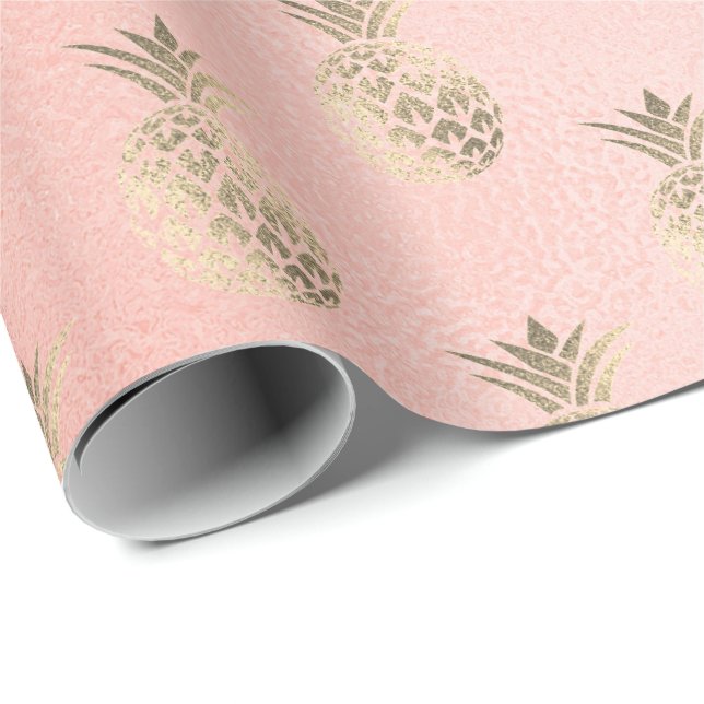 Tropical pineapple fruit rose gold  glass sparkly wrapping paper (Roll Corner)