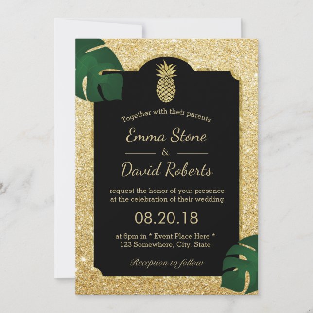 Tropical Pineapple Gold Glitter Hawaiian Wedding Invitation (Front)