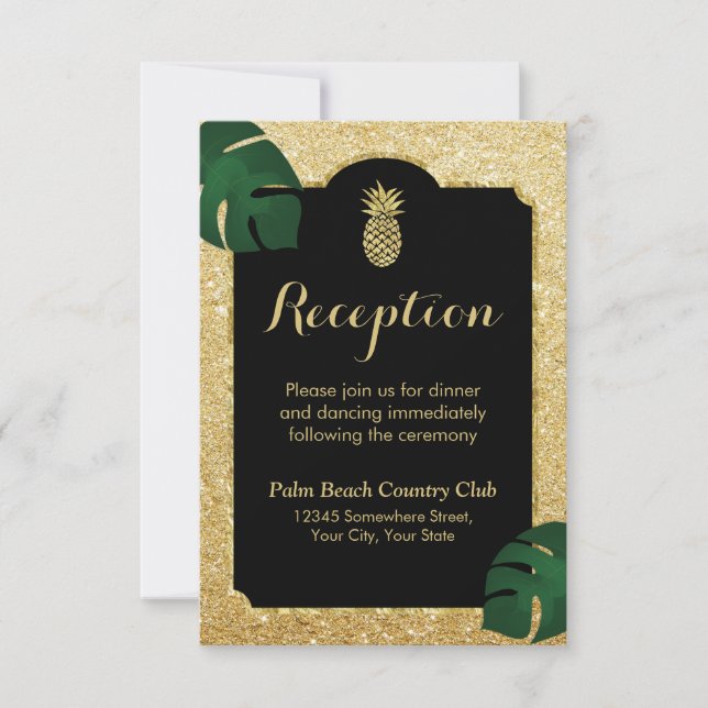 Tropical Pineapple Gold Glitter Wedding Reception Invitation (Front)