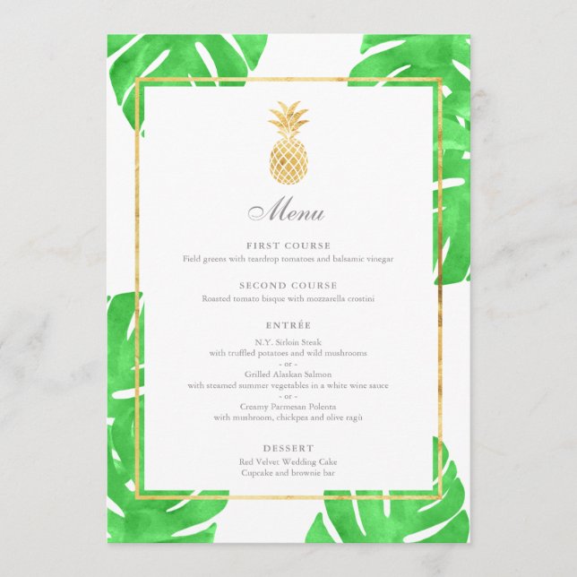 Tropical Pineapple Gold & Green Wedding Menu (Front)