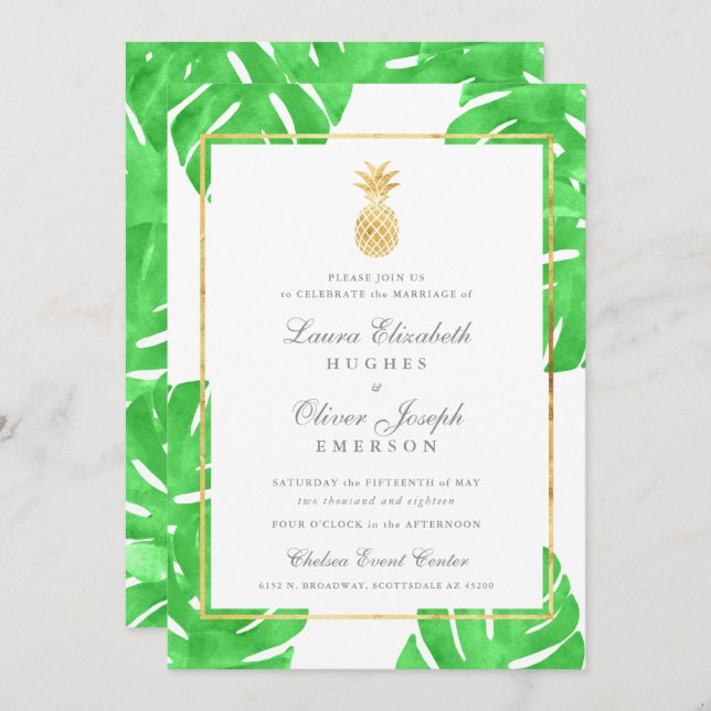 Tropical Pineapple Gold Wedding Invitations (Front/Back)
