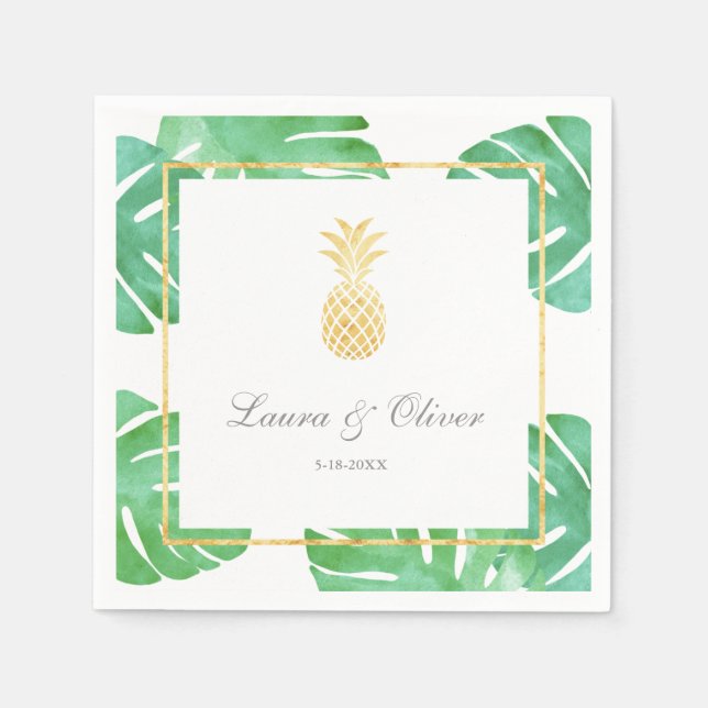 Tropical Pineapple Gold Wedding Napkin (Front)