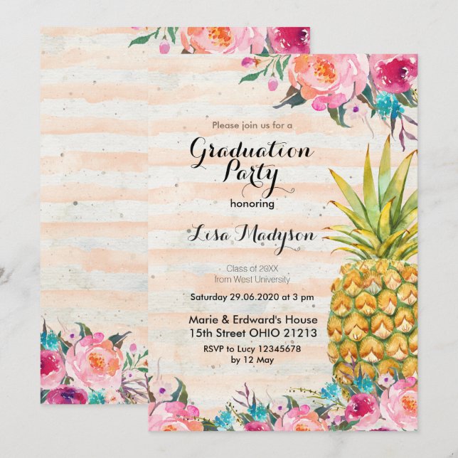 Tropical Pineapple Graduation Party card (Front/Back)
