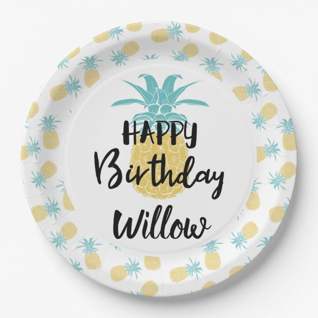 Tropical Pineapple Happy Birthday Luau Party Paper Plate (Front)