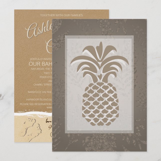 Tropical Pineapple Hearts Wedding Invitations (Front/Back)