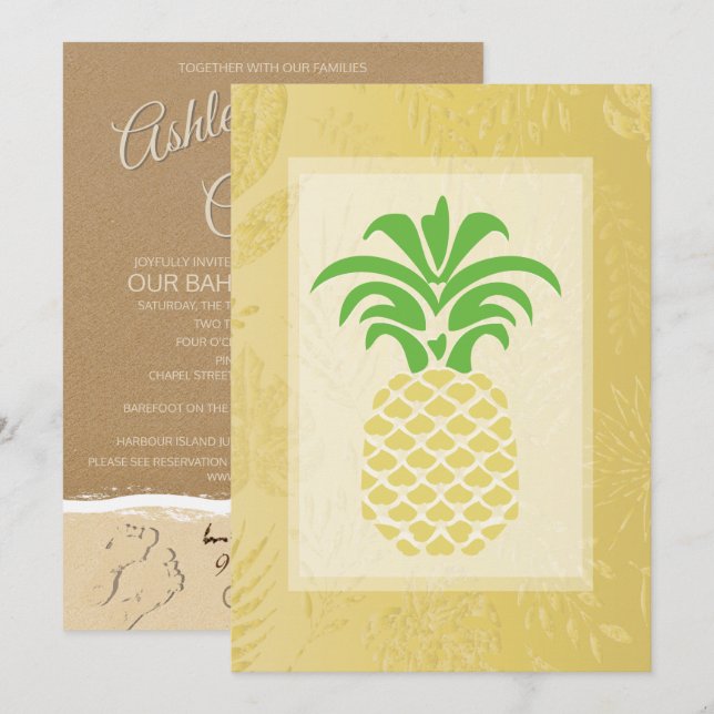 Tropical Pineapple Hearts Wedding Invitations (Front/Back)