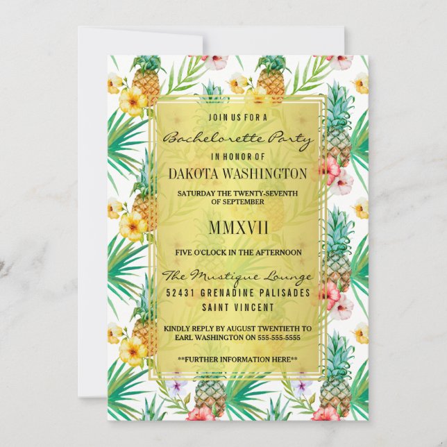 Tropical Pineapple & Hibiscus Bachelorette Party Invitation (Front)