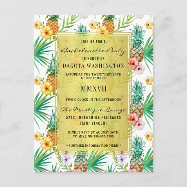 Tropical Pineapple & Hibiscus Bachelorette Party Invitation Postcard (Front)