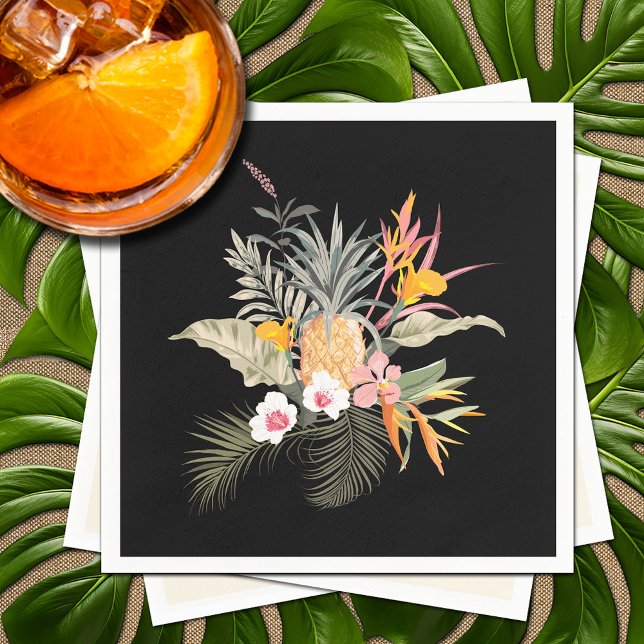 Tropical Pineapple Hibiscus Foliage on Black Napkin (Tropical Pineapple Hibiscus Foliage on Black Napkins)