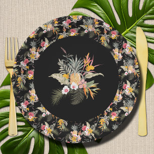 Tropical Pineapple Hibiscus Foliage on Black Paper Plate