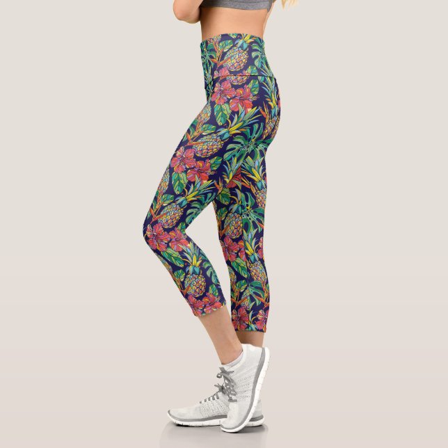 Tropical Pineapple Hibiscus Pattern Capri Leggings (Left)