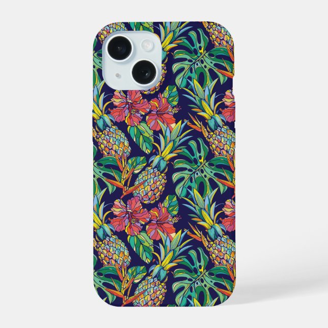 Tropical Pineapple Hibiscus Pattern iPhone 15 Case (Back)