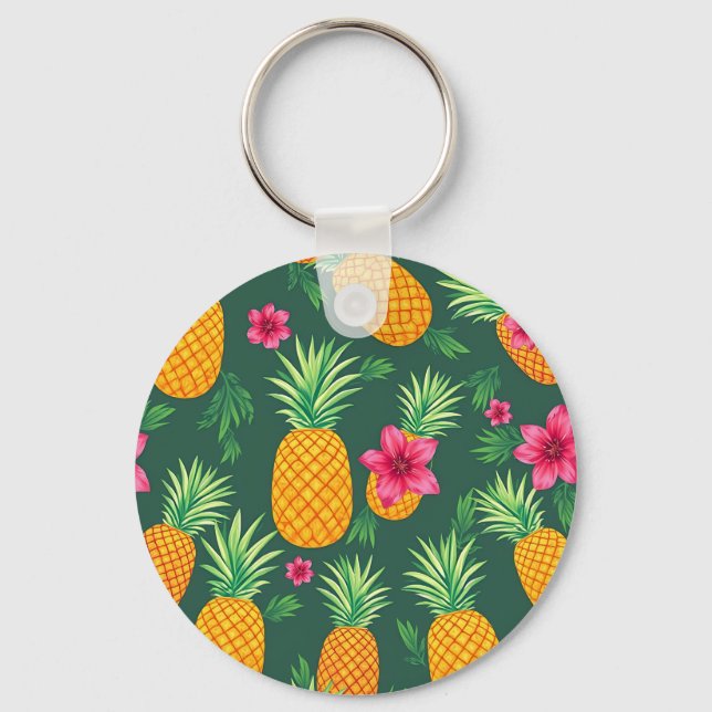 Tropical Pineapple Hibiscus Pattern Key Ring (Front)
