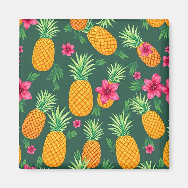 Tropical Pineapple Hibiscus Pattern Magnet (Front)