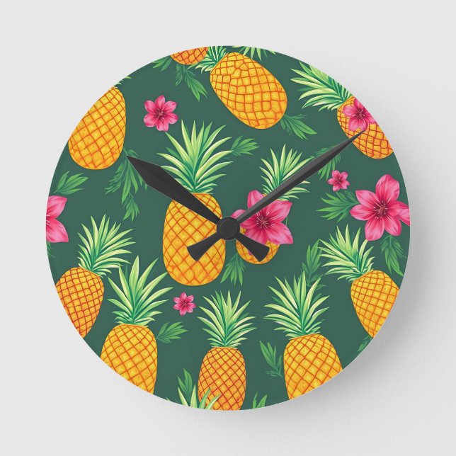 Tropical Pineapple Hibiscus Pattern Round Clock (Front)