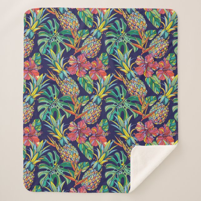 Tropical Pineapple Hibiscus Pattern Sherpa Blanket (Front)