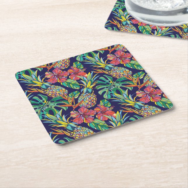 Tropical Pineapple Hibiscus Pattern Square Paper Coaster (Angled)