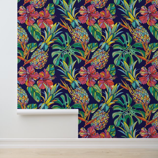 Tropical Pineapple Hibiscus Pattern Wallpaper (Application)