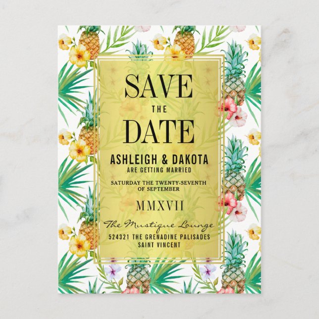 Tropical Pineapple & Hibiscus Save The Date Invitation Postcard (Front)