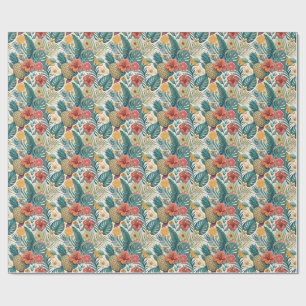 Tropical Pineapple & Hibiscus Summer Floral Design Wrapping Paper