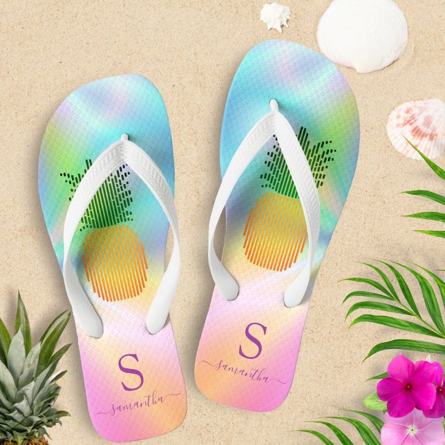 Tropical Pineapple Holographic Monogrammed Summer Thongs (Creator Uploaded)