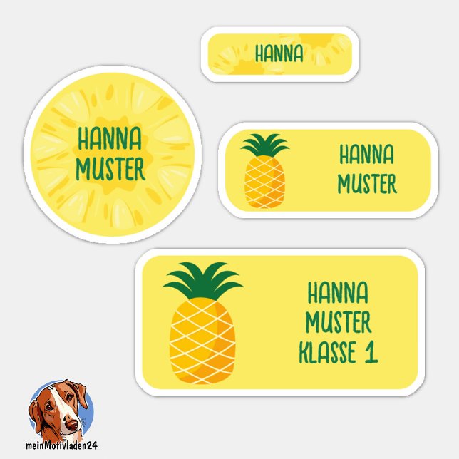 Tropical Pineapple Kids Name Labels – 24 Set (24 verschiedene Namensaufkleber - Motiv: Ananas)