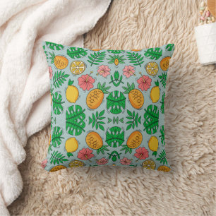 Tropical pineapple lemon and pink flowers pattern cushion