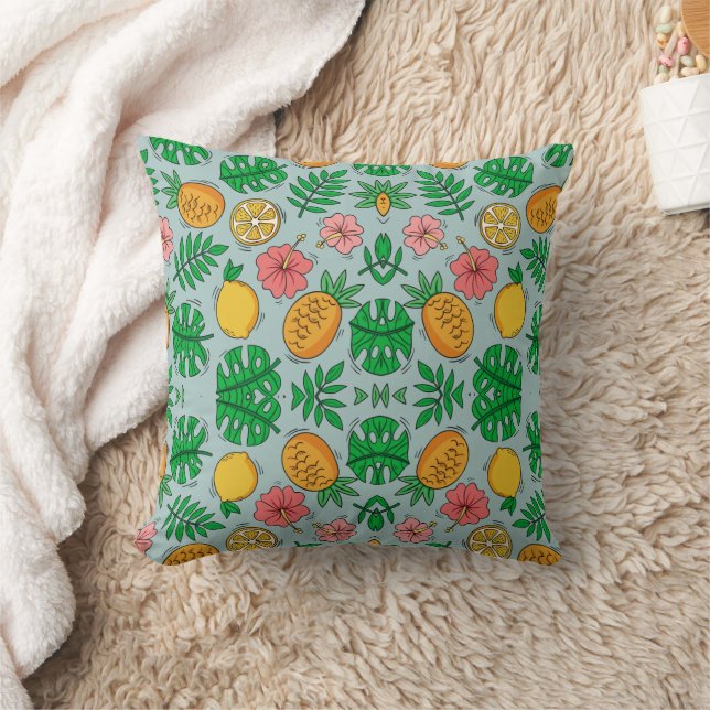 Tropical pineapple lemon and pink flowers pattern cushion (Blanket)