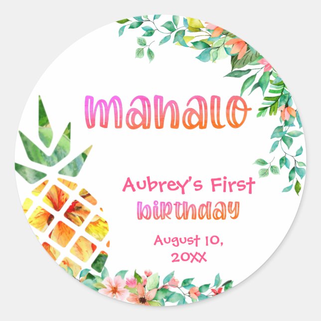 Tropical Pineapple Mahalo First Birthday Thank You Classic Round Sticker (Front)
