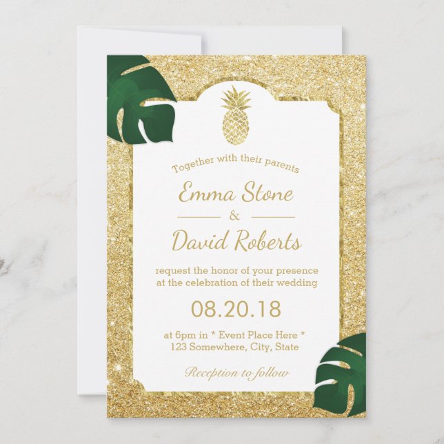 Tropical Pineapple Modern Gold Glitter Wedding Invitation (Front)