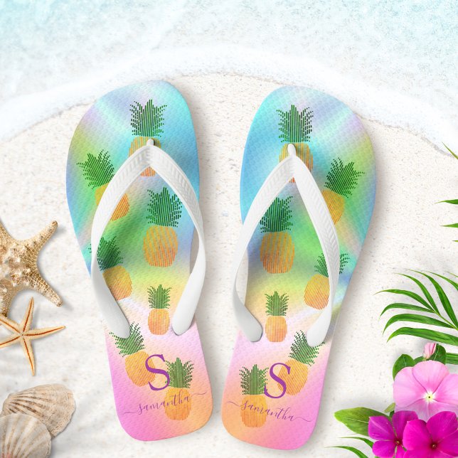 Tropical Pineapple Monogrammed Holographic Summer Thongs (Creator Uploaded)