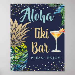 Tropical Pineapple Navy Blue Hawaii Tiki Bar Sign