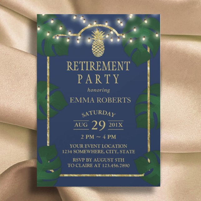 Tropical Pineapple Navy & Gold Luau Retirement Invitation (Creator Uploaded)