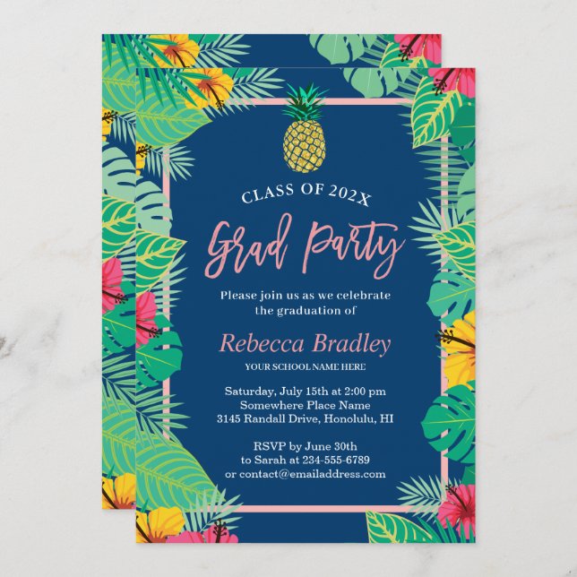 Tropical Pineapple & Palm Leaves Graduation  Invitation (Front/Back)