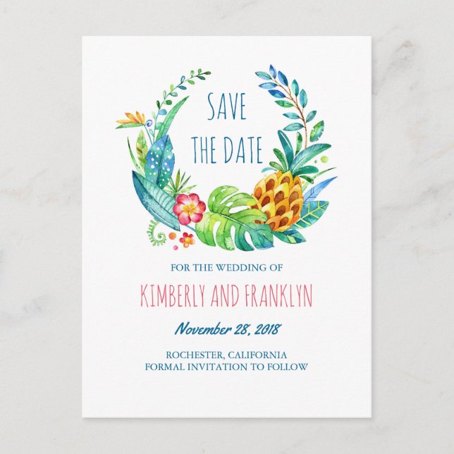 Tropical Pineapple Palms Beach Save the Date Announcement Postcard (Front)