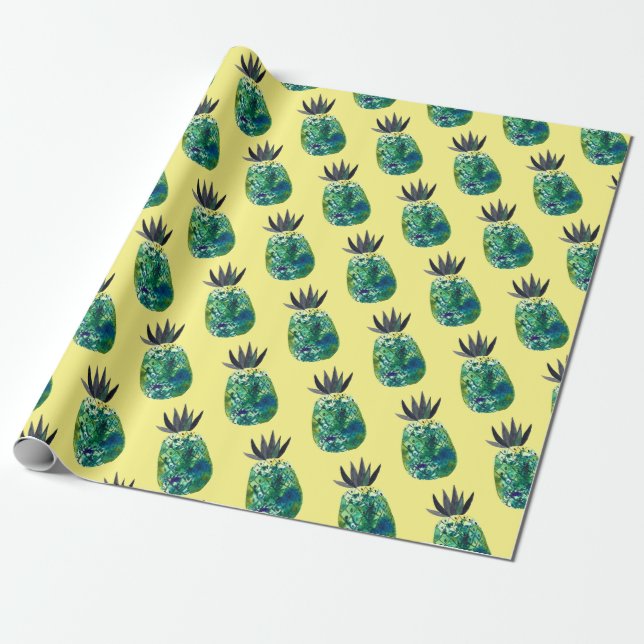 Tropical pineapple party yellow wrapping paper (Unrolled)
